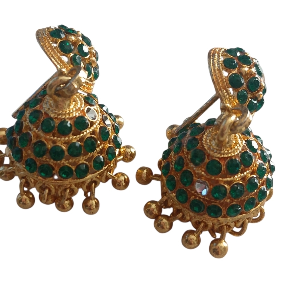 Jhumka Earrings Bollywood Handcrafted Floral Mesh Gold Tone & Green Jeweled